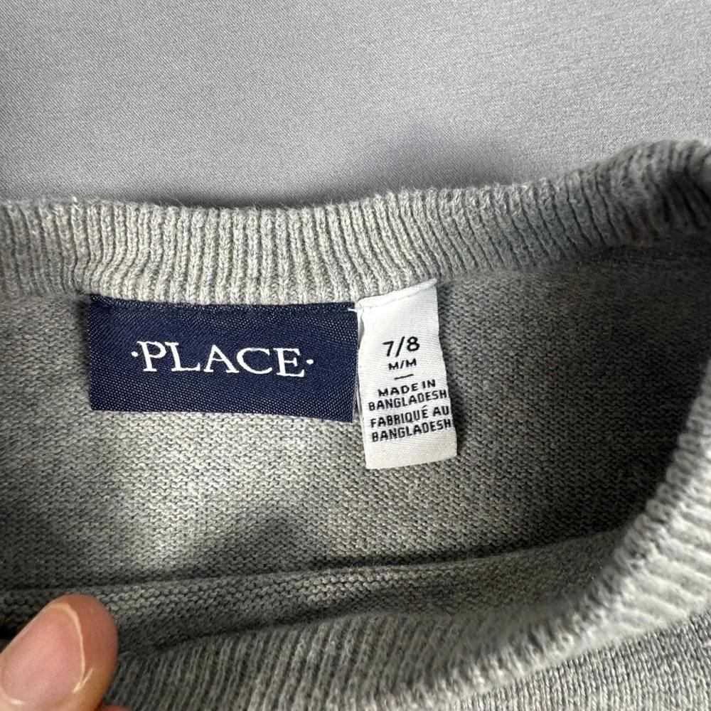 The Children's Place Boys Gray Navy Blue Striped Crewneck Sweater Sz 7/8 Preppy